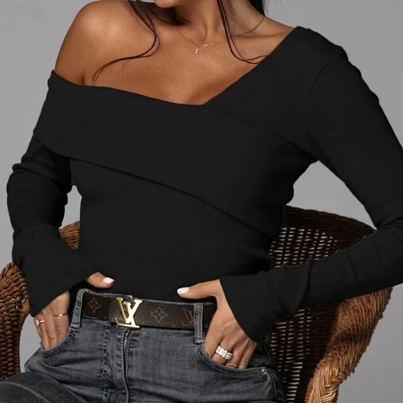 Contemporaray  Asymmetrical Neck Foldover Ribbed T - Picture 2 of 8